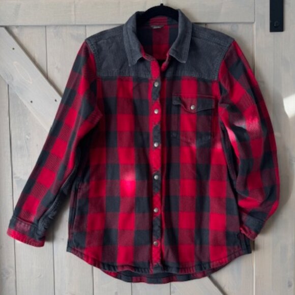Eddie Bauer Womens Shacket Red Plaid Corduroy Flannel Snap Shirt Size Medium - Picture 1 of 5